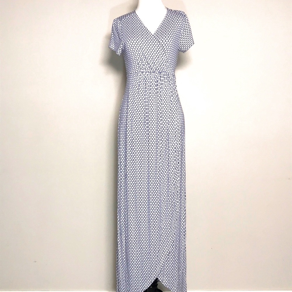 NWOT Seraphine Women’s Blue & White Faux Wrap Maternity Midi Dress Size 2